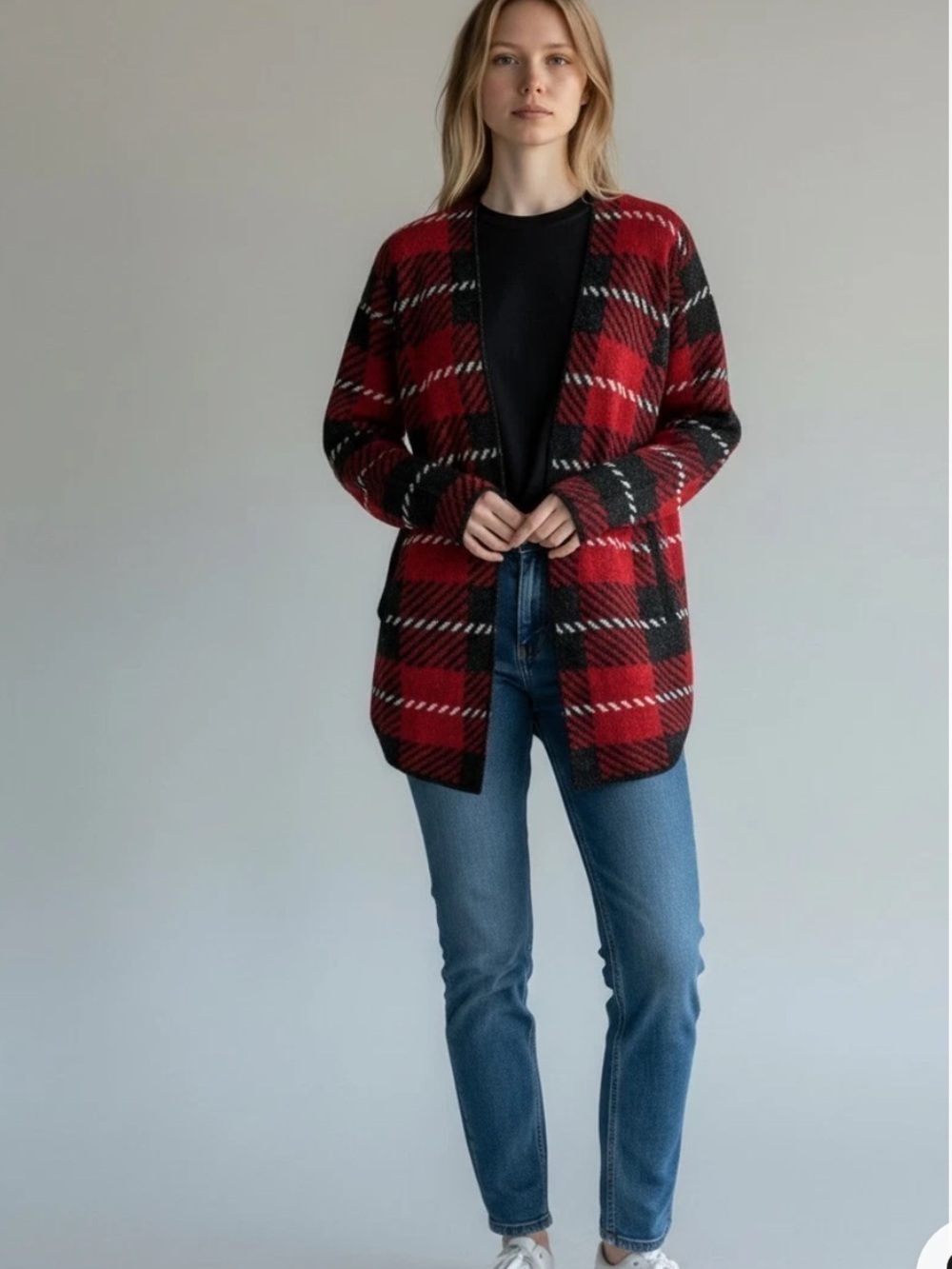 Adrienne Vittadini Red and Black Plaid Open Front Cardigan size L